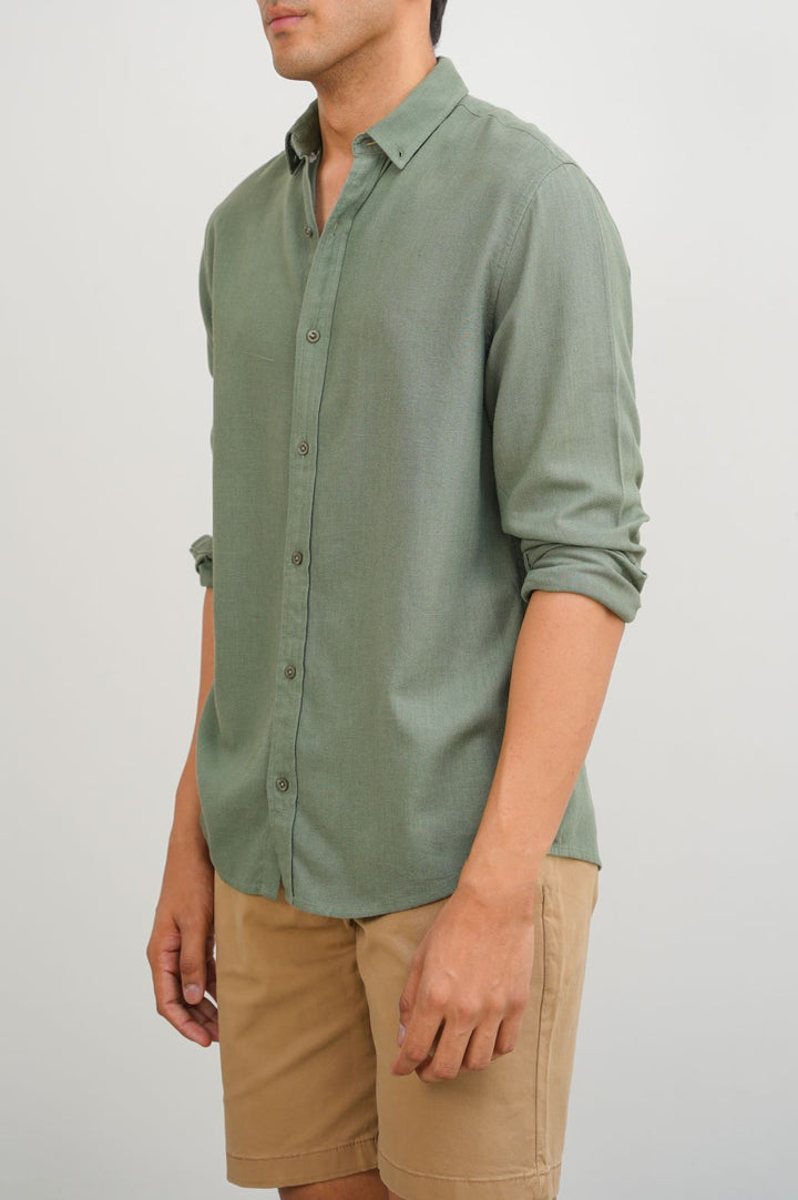 GREEN LINEN SLUB COLLAR SHIRT