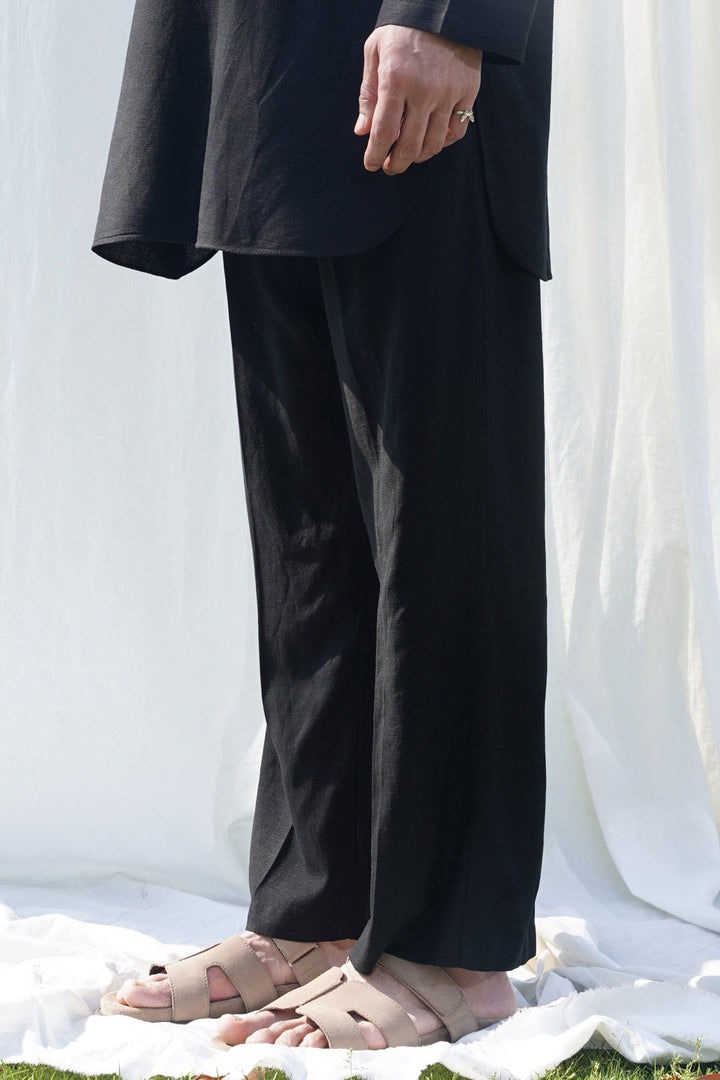 BLACK LINEN BLEND RELAXED TROUSERS