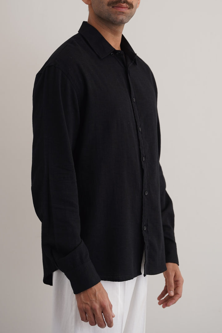 BLACK SLUB COTTON SHIRT