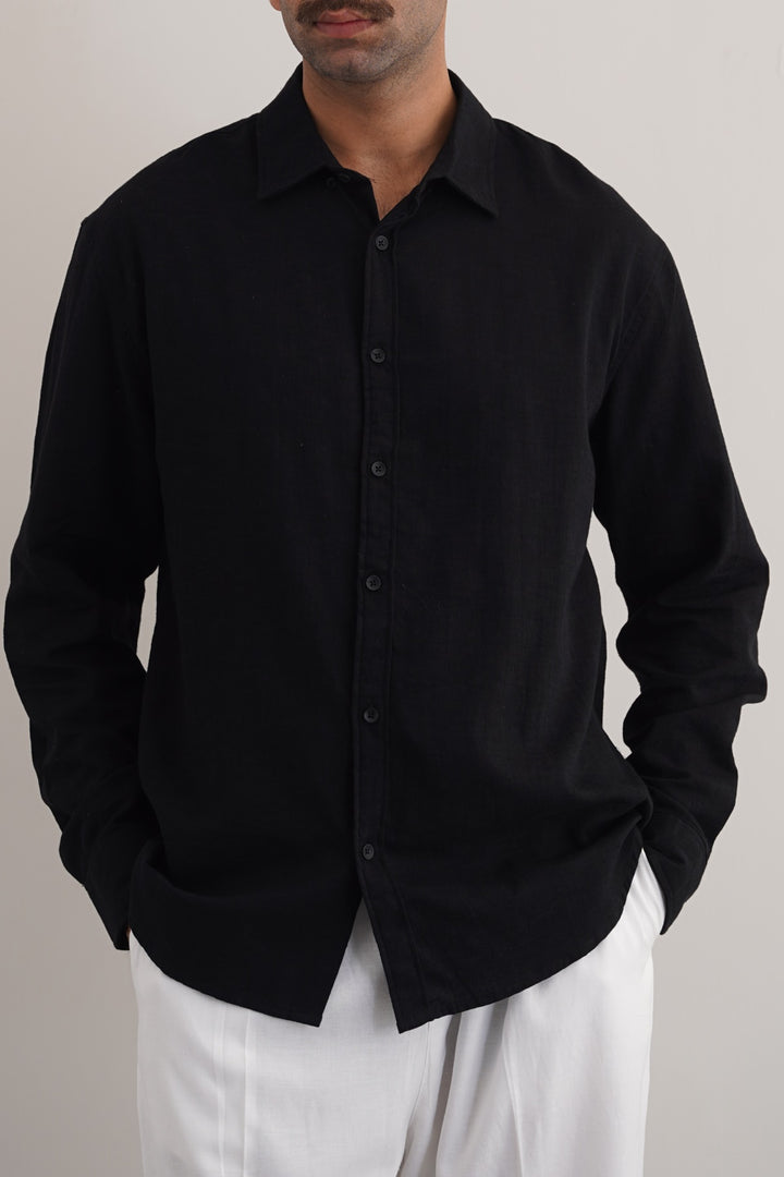 BLACK SLUB COTTON SHIRT
