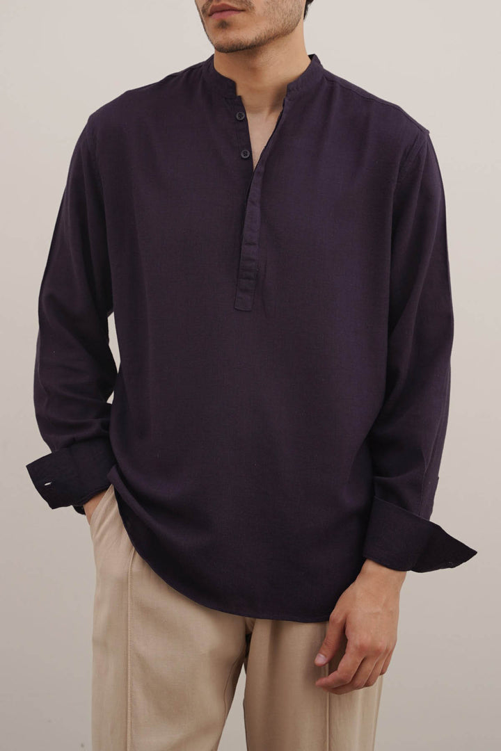 MELANGE NAVY HALF PLACKET SHIRT
