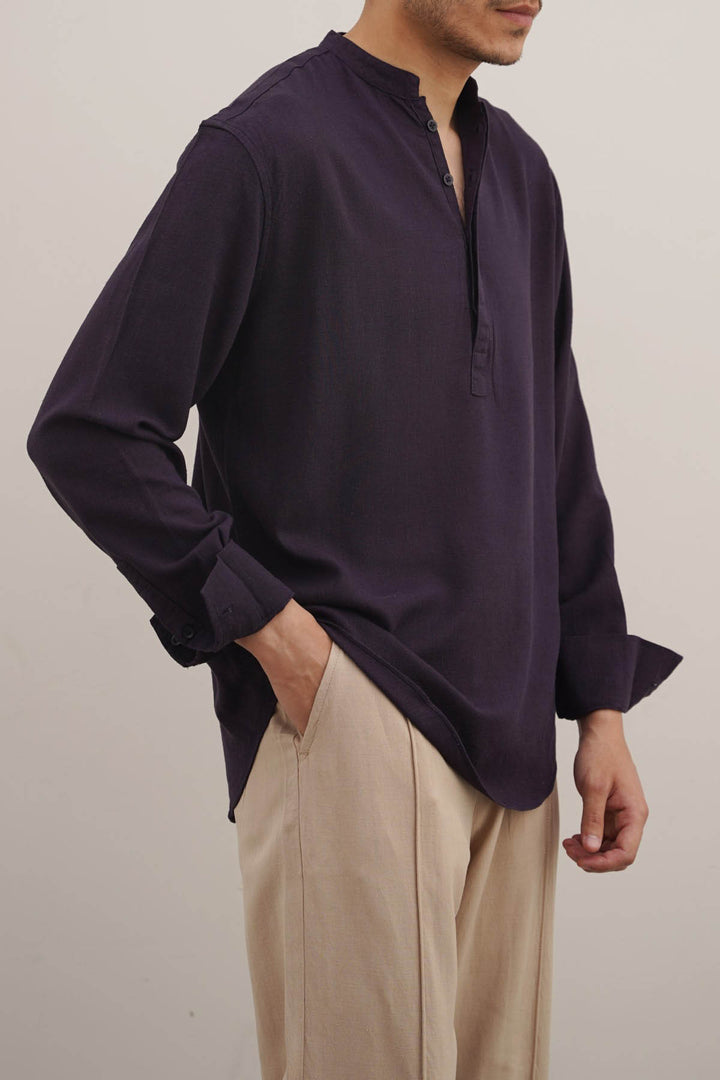 MELANGE NAVY HALF PLACKET SHIRT