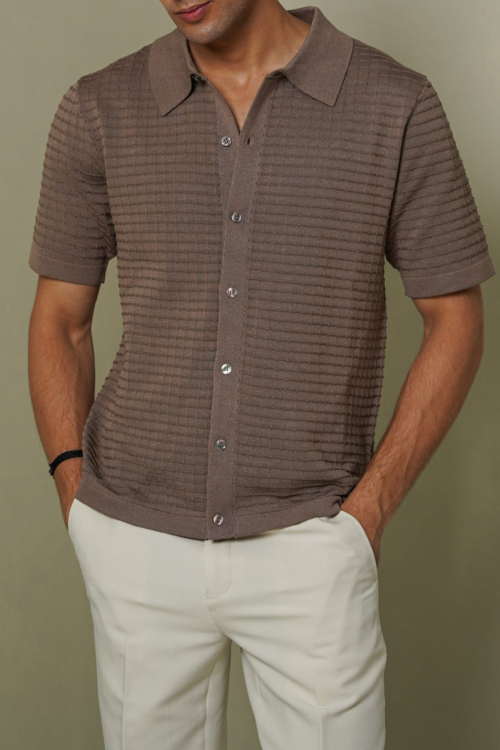 ASH BROWN-WAFFLE-KNIT SHIRT