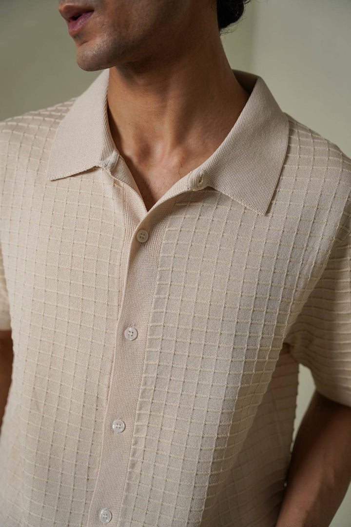CREAM-WAFFLE-KNIT SHIRT