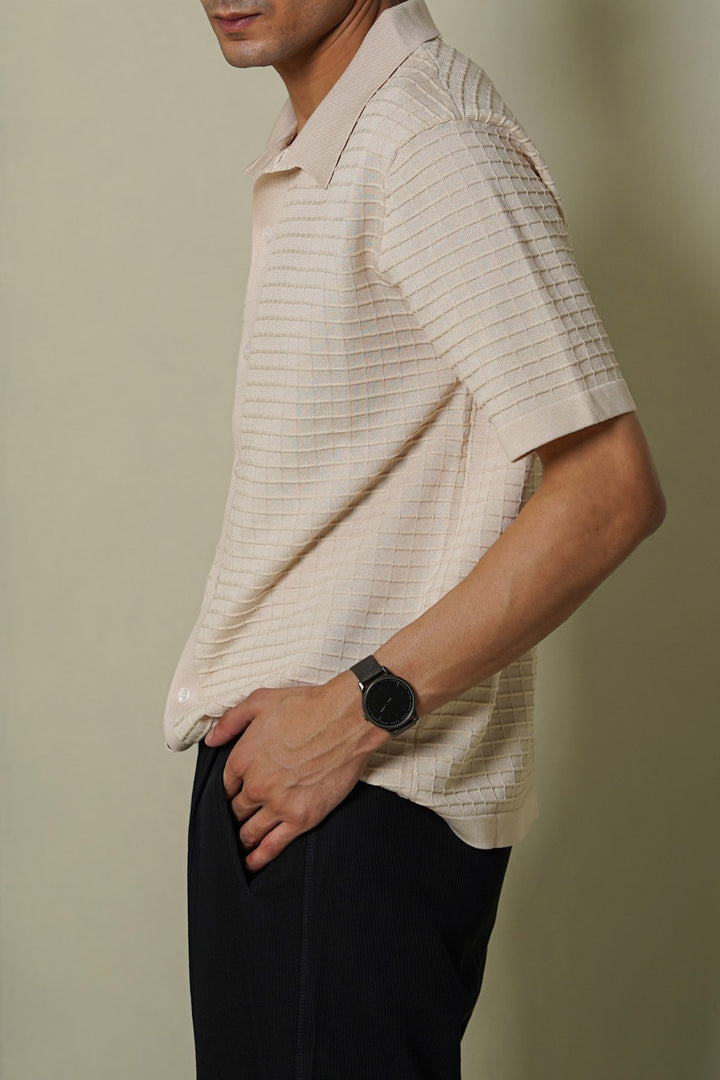 CREAM-WAFFLE-KNIT SHIRT
