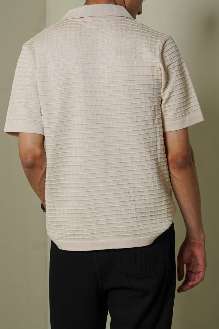 CREAM-WAFFLE-KNIT SHIRT