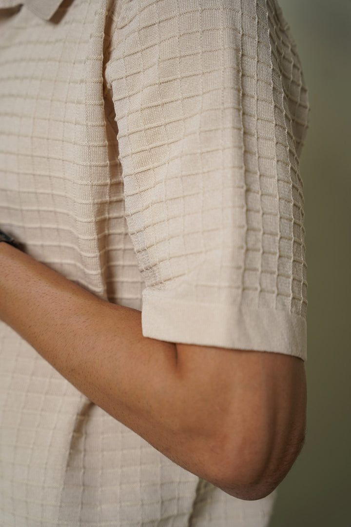 CREAM-WAFFLE-KNIT SHIRT