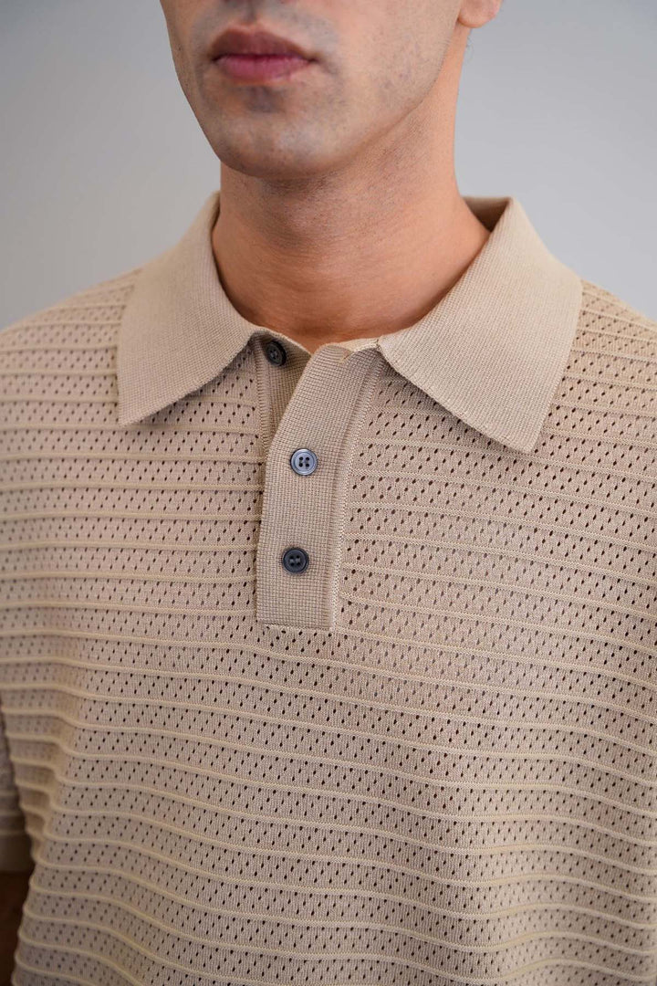 BEIGE KNITTED MESH POLO