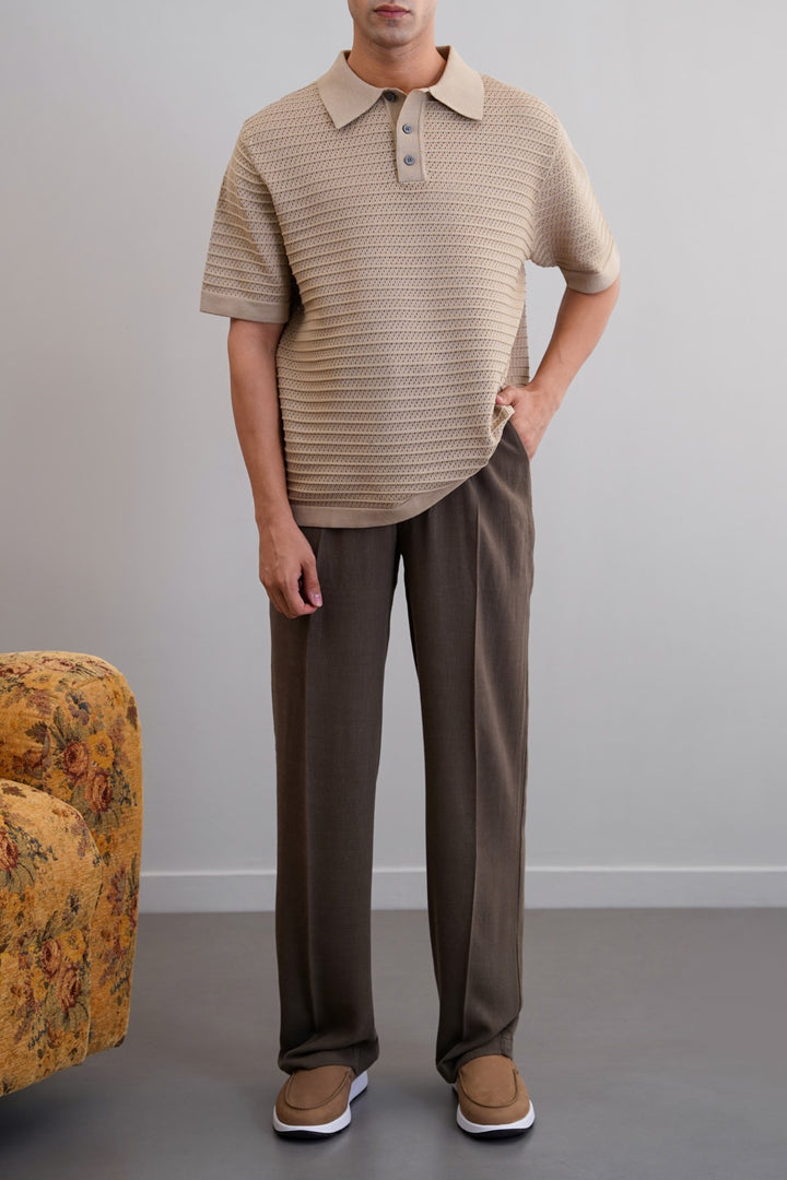 BEIGE KNITTED MESH POLO
