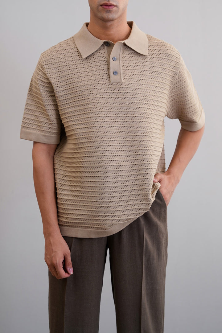 BEIGE KNITTED MESH POLO