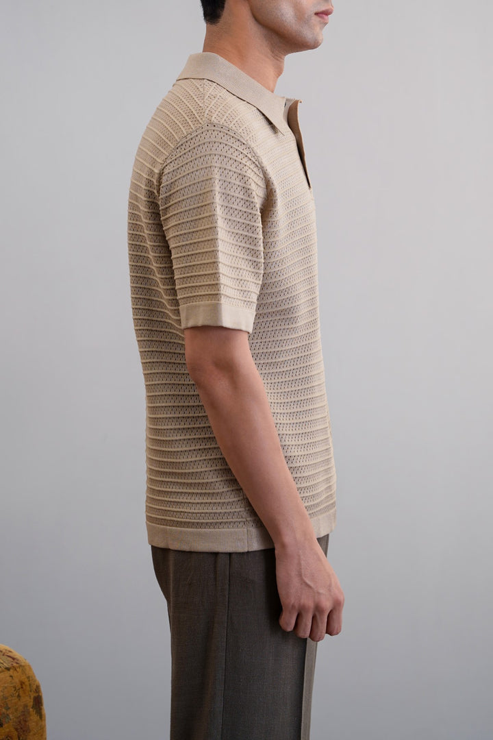 BEIGE KNITTED MESH POLO