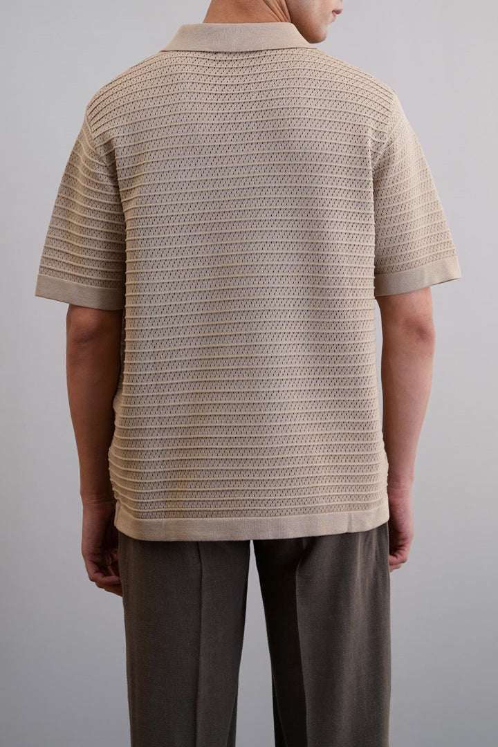 BEIGE KNITTED MESH POLO