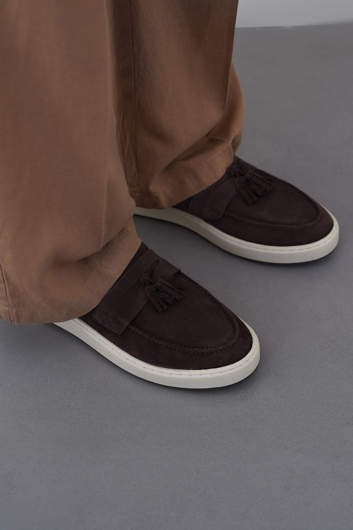 COFFEE SUEDE LEATHER TASSEL LOAFERS