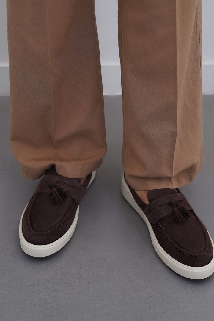 COFFEE SUEDE LEATHER TASSEL LOAFERS