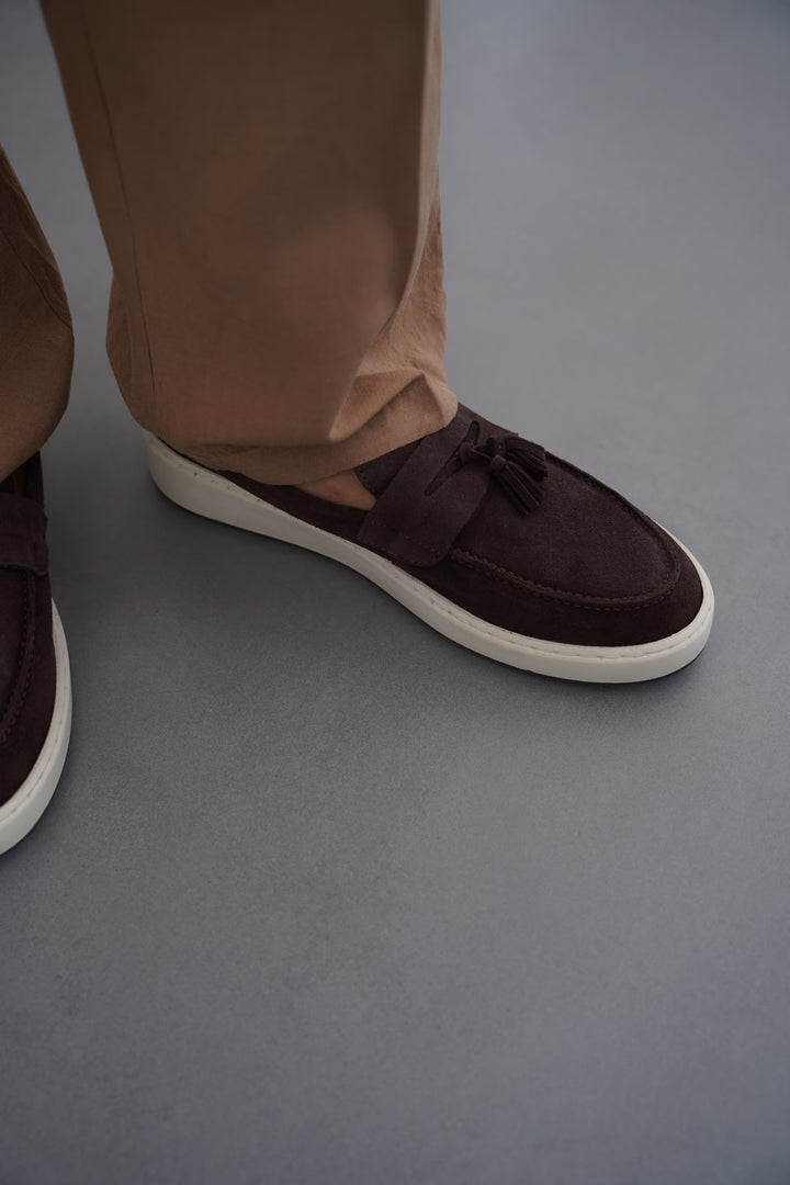 COFFEE SUEDE LEATHER TASSEL LOAFERS