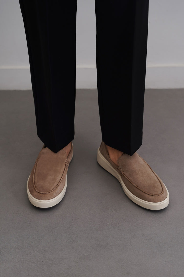 TAUPE SUEDE LEATHER SLIP ON LOAFERS
