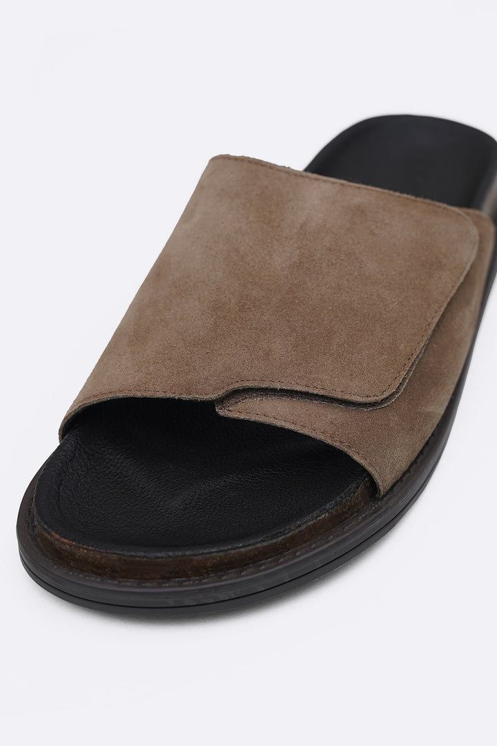 TAUPE MONO SUEDE SLIDES