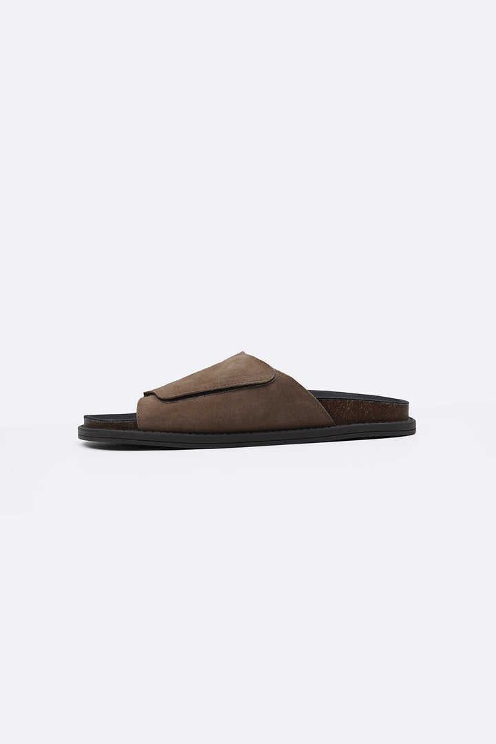 TAUPE MONO SUEDE SLIDES