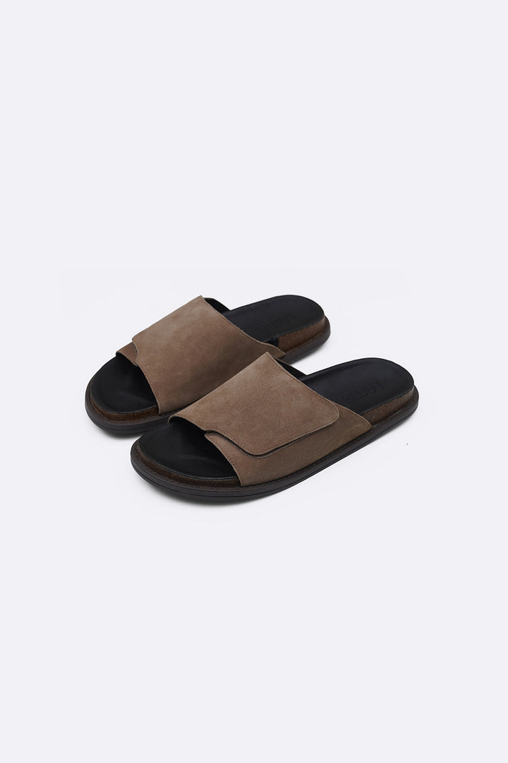 TAUPE MONO SUEDE SLIDES