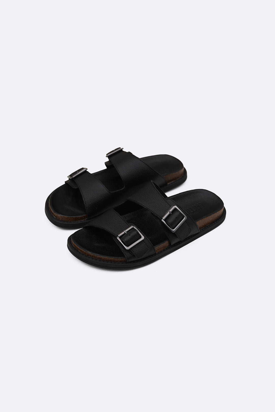 BLACK DOUBLE STRAP LEATHER SLIDES