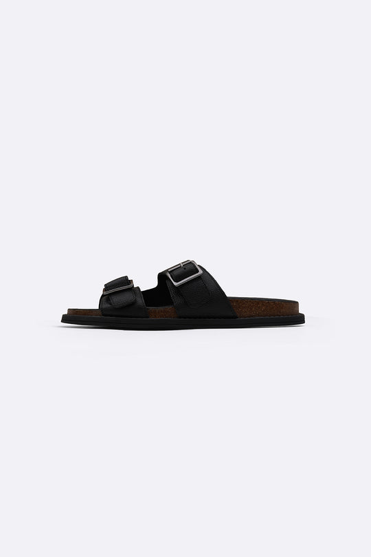 BLACK DOUBLE STRAP LEATHER SLIDES