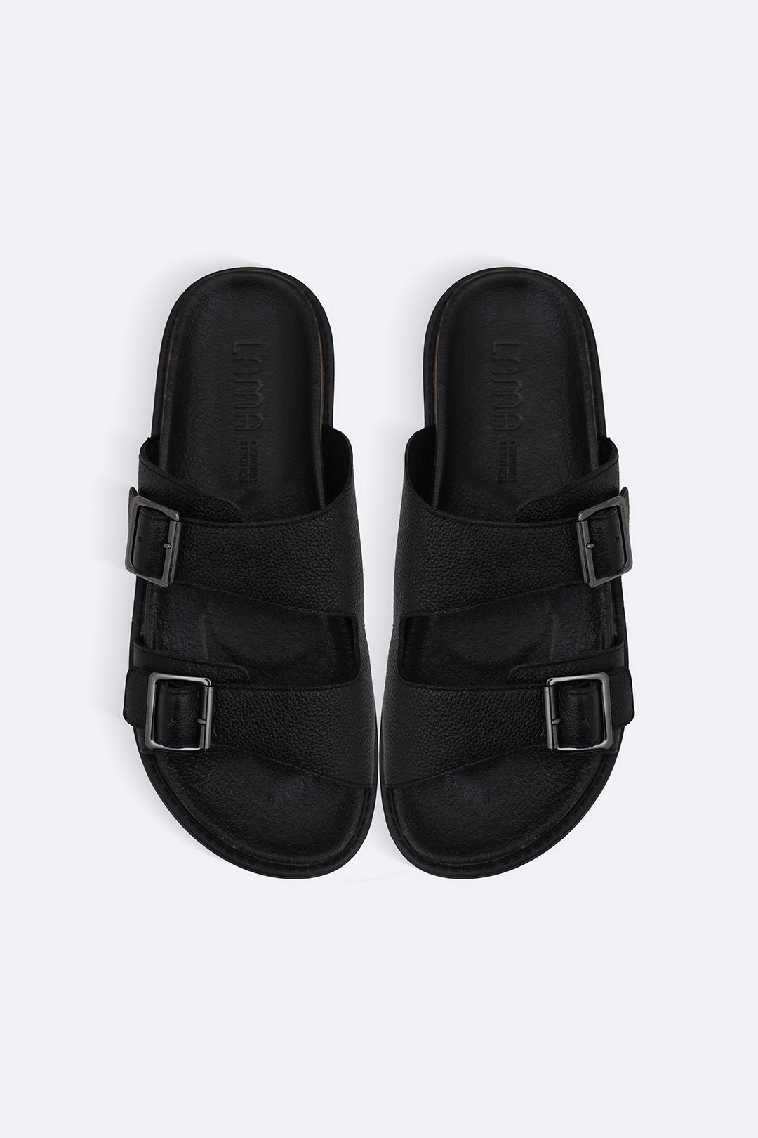 BLACK DOUBLE STRAP LEATHER SLIDES