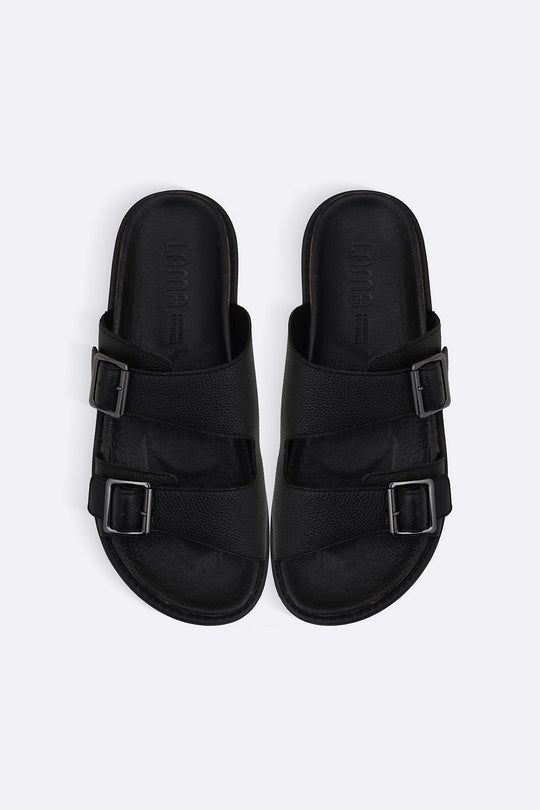 BLACK DOUBLE STRAP LEATHER SLIDES