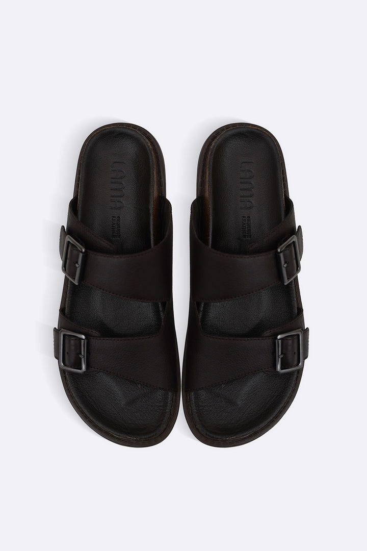 COFFEE DOUBLE STRAP LEATHER SLIDES