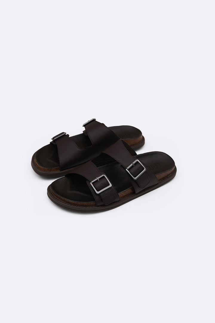 COFFEE DOUBLE STRAP LEATHER SLIDES