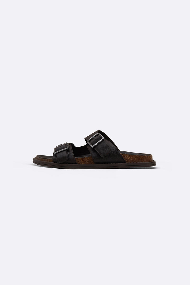 COFFEE DOUBLE STRAP LEATHER SLIDES