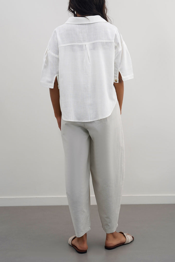 BEIGE EASY BARREL PANTS