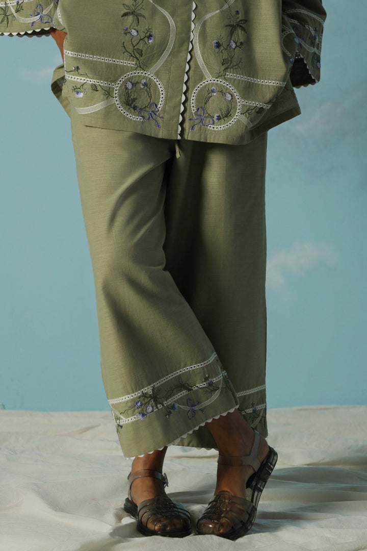 LIGHT GREEN VIOLET AND SAGE EMBROIDERED CULOTTES