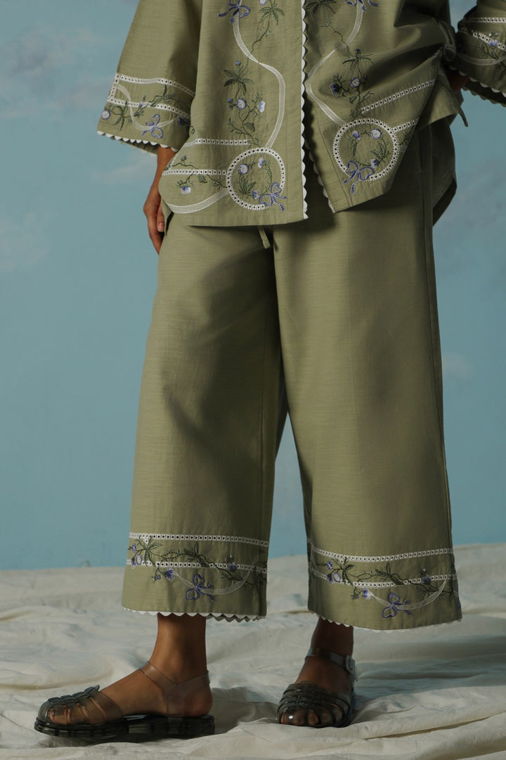 LIGHT GREEN VIOLET AND SAGE EMBROIDERED CULOTTES