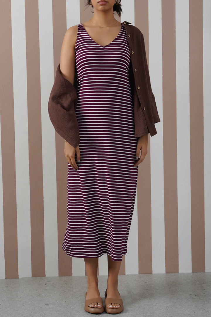 BURGUNDY STRIPED SUMMER DRESS