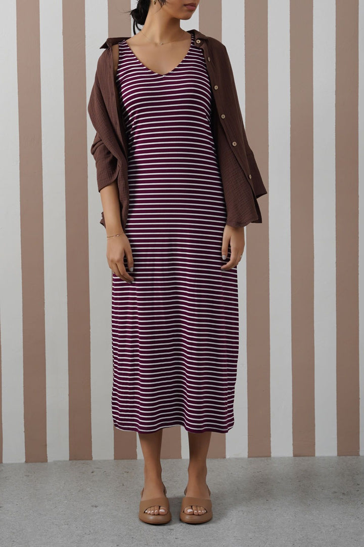 BURGUNDY STRIPED SUMMER DRESS