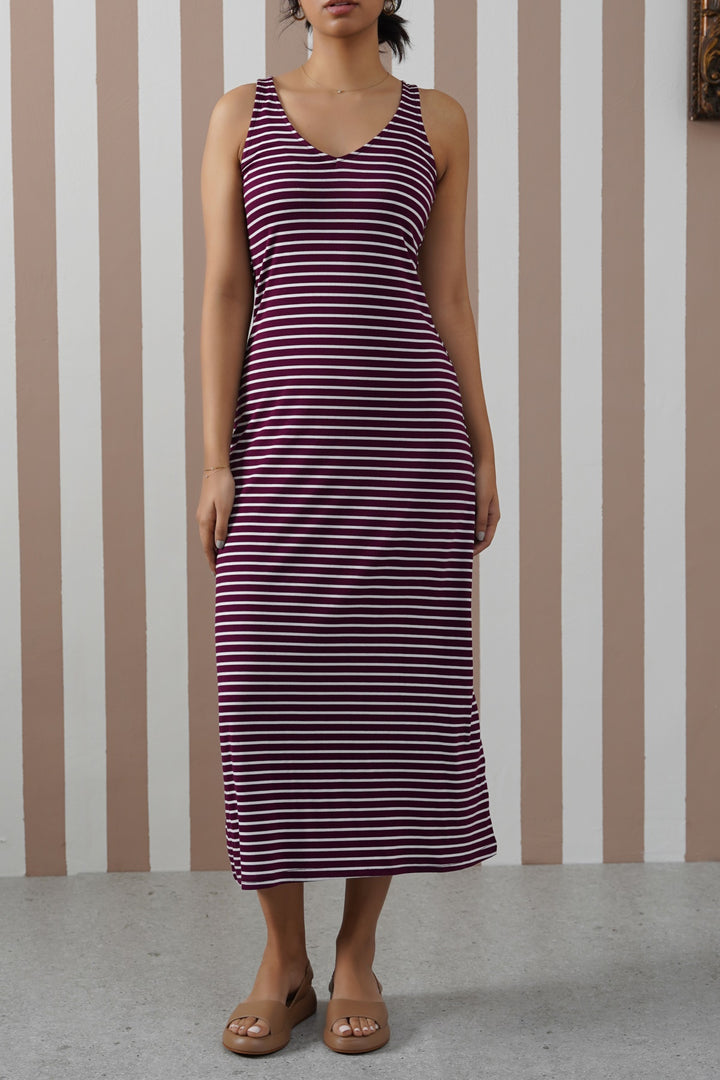 BURGUNDY STRIPED SUMMER DRESS