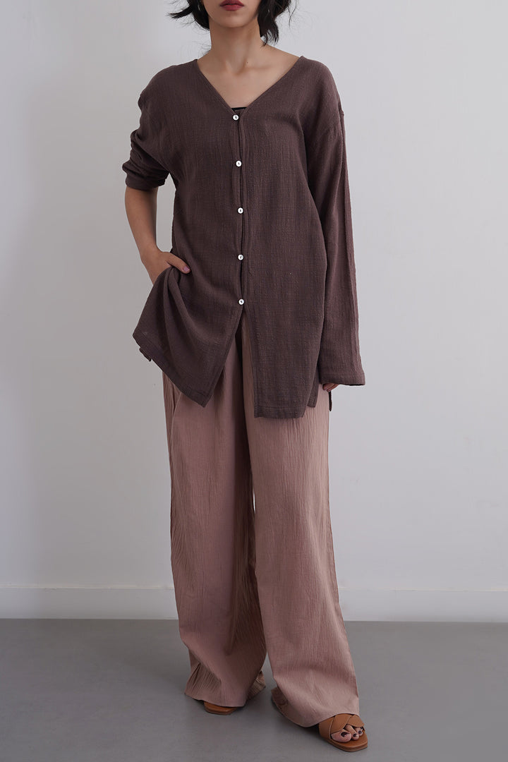 BROWN PURE COTTON GAUZE BLOUSE