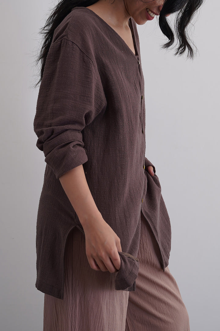 BROWN PURE COTTON GAUZE BLOUSE