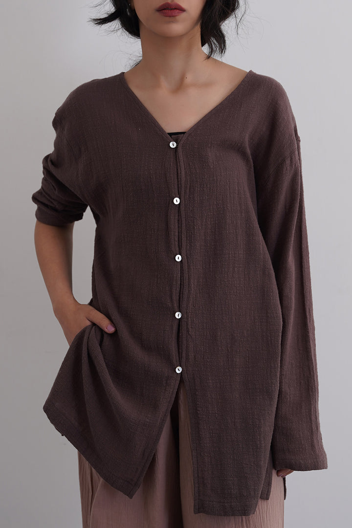 BROWN PURE COTTON GAUZE BLOUSE