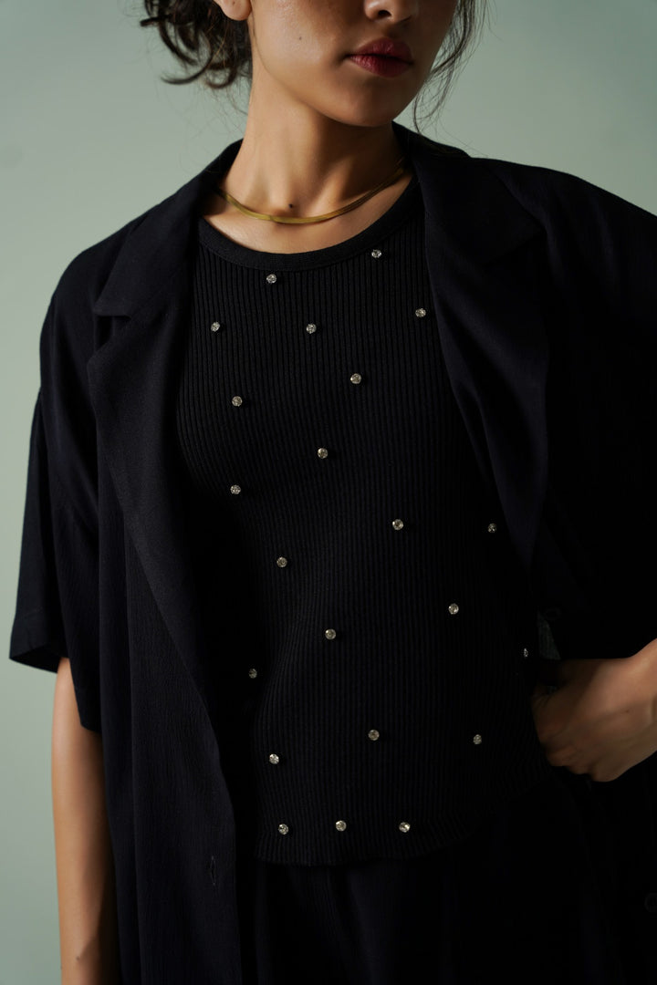 BLACK EMBELLISHED RIBBED TANK