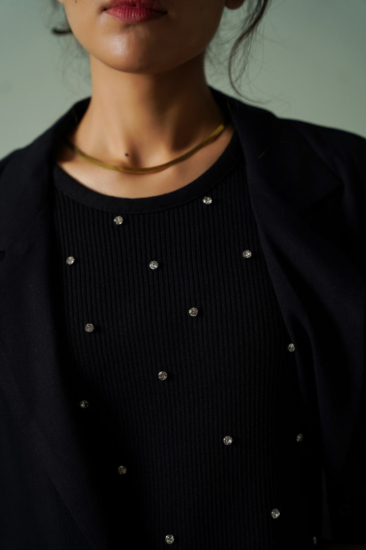 BLACK EMBELLISHED RIBBED TANK