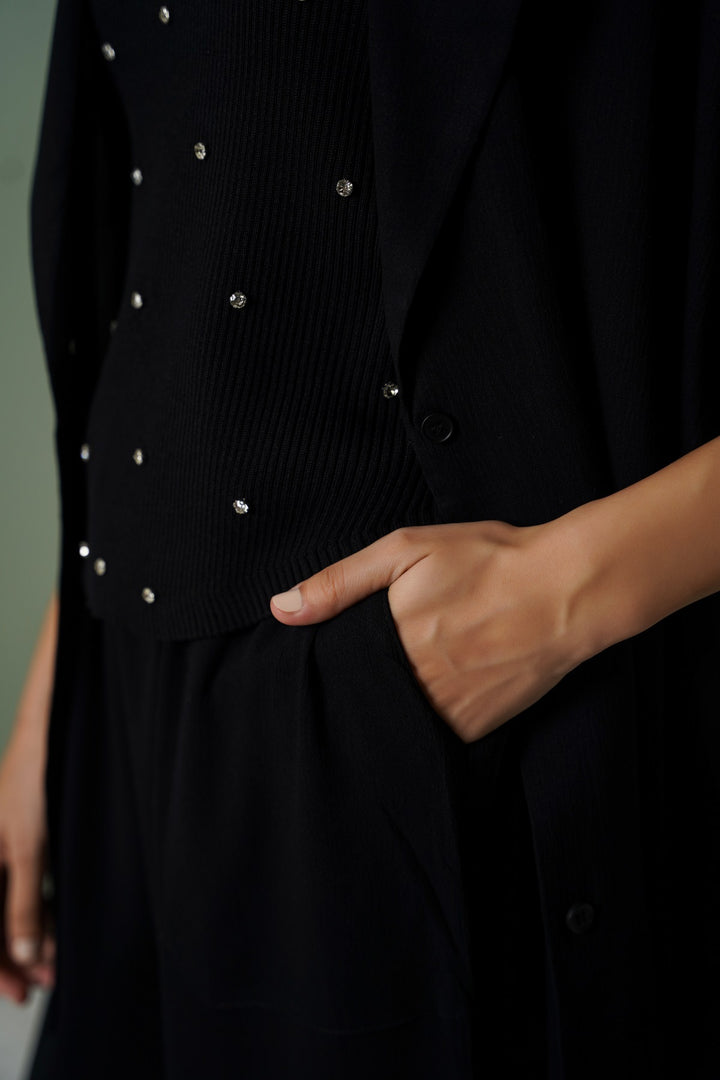 BLACK EMBELLISHED RIBBED TANK