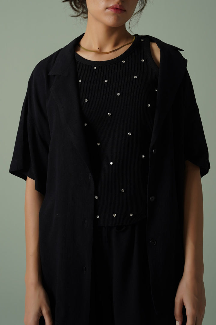 BLACK EMBELLISHED RIBBED TANK