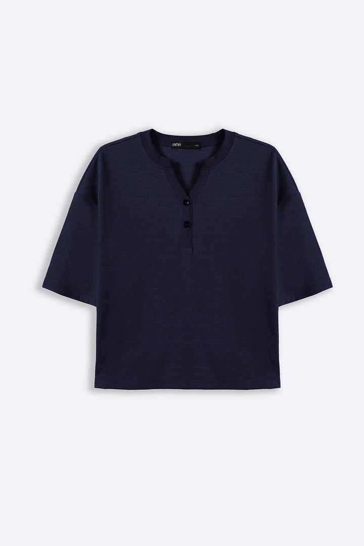 NAVY STRETCHY HENLEY TOP