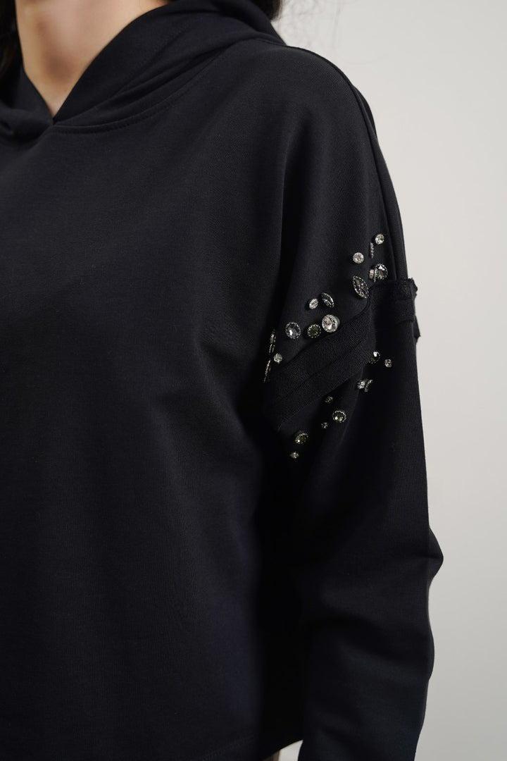 BLACK EMBELLISHED MID-LENGTH HOODIE