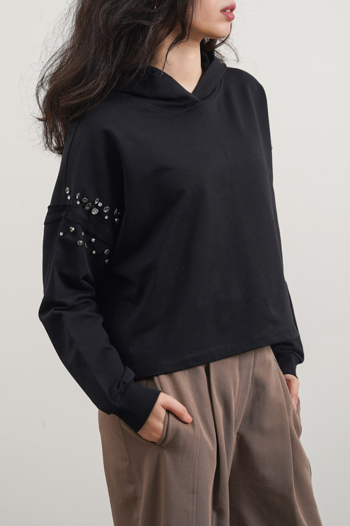 BLACK EMBELLISHED MID-LENGTH HOODIE