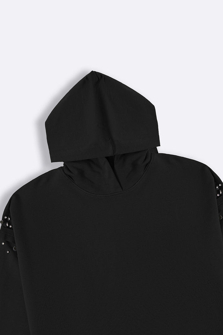 BLACK EMBELLISHED MID-LENGTH HOODIE