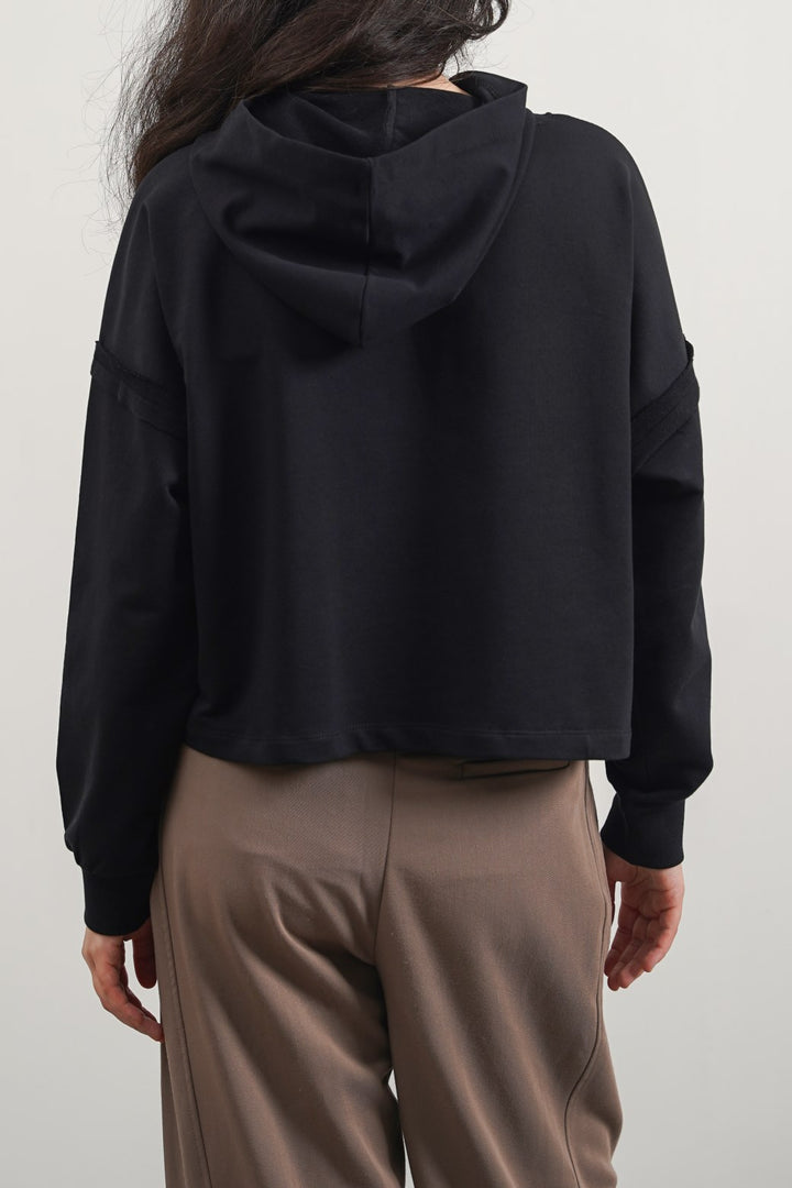 BLACK EMBELLISHED MID-LENGTH HOODIE