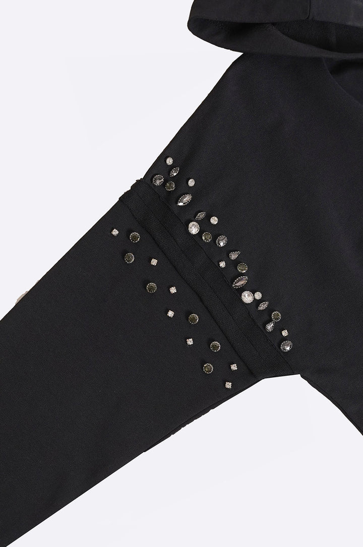 BLACK EMBELLISHED MID-LENGTH HOODIE