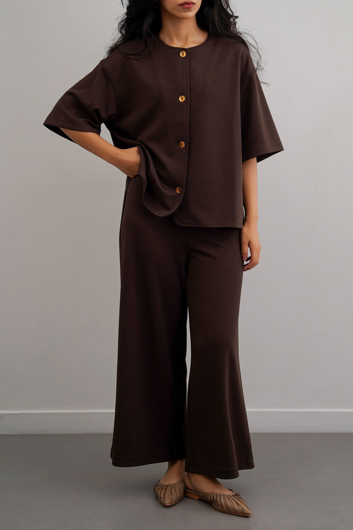 DARK BROWN TWILL TEXTURED BLOUSE